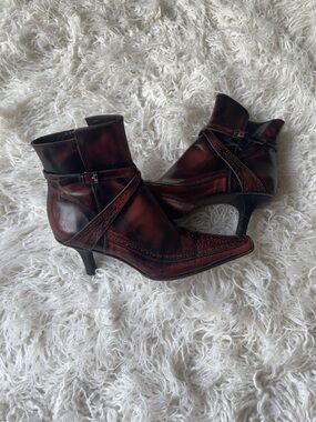 Women's Burgundy Leather Ankle Boots with Low Heel
